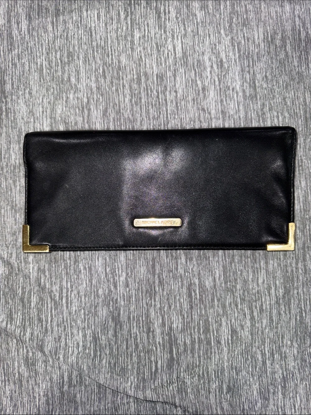Michael Kors Black Leather Clutch with Gold Corner Accents